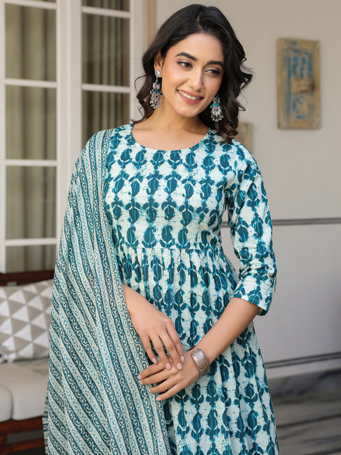 Teal Blue Pure Cotton Abstract A-line Kurta Set